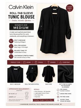 Calvin Klein Black Roll-Tab Sleeve Tunic Blouse | Women's Medium